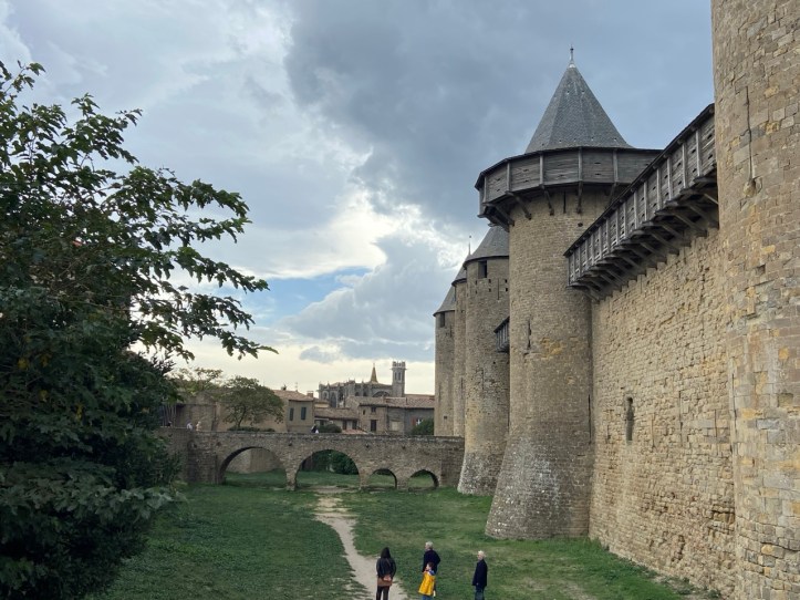 Moat, drawbridge and towers of the Cite in Carcassonne