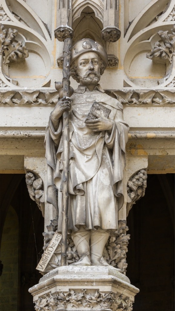 Statue of Eugène Viollet-le-Duc as a pilgrim of Saint James, Château de Pierrefonds, Oise. Photograph by Jebulon, 2014. CC0 / Public Domain.