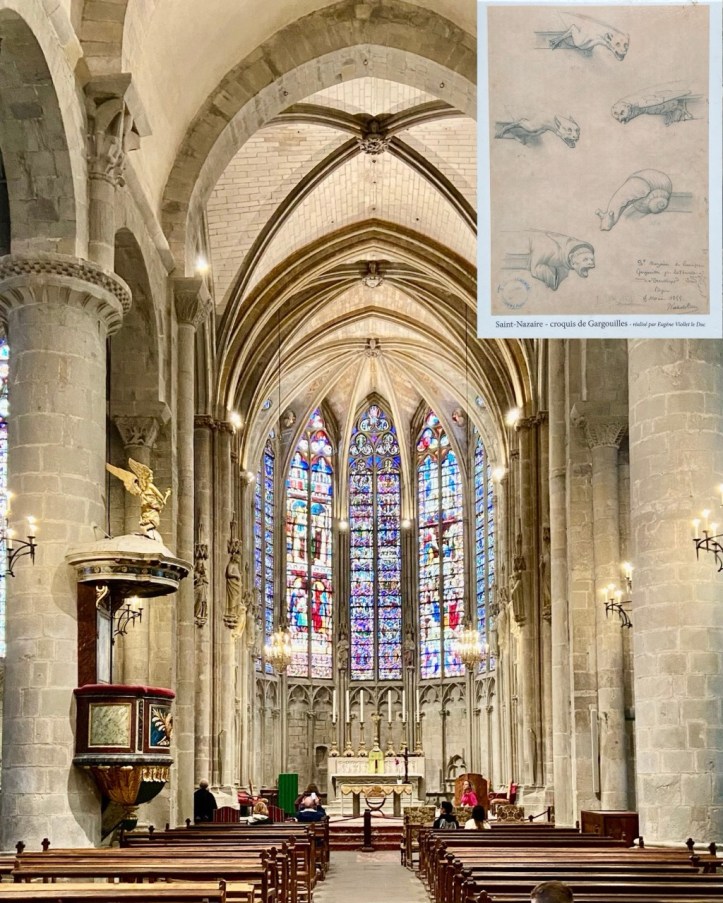 The Romanesque Saint-Nazaire and Saint-Celse basilica. Inset: Gothic gargolyes designed for this church by le-Duc